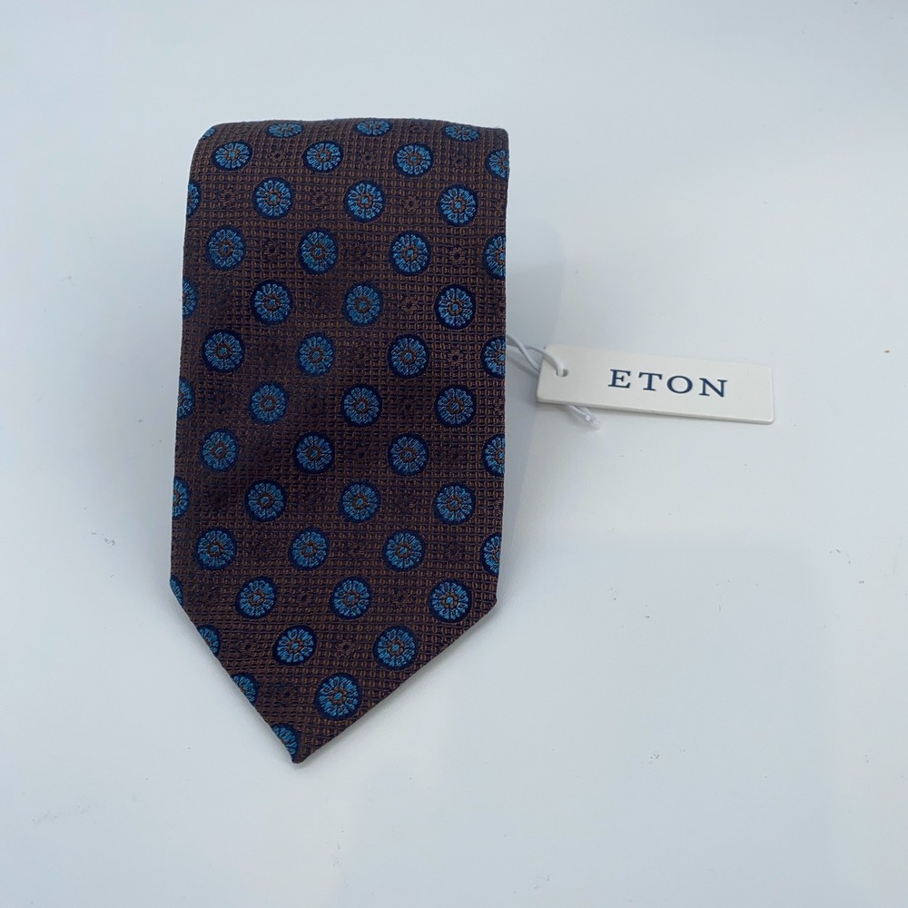 Eton Tie Mens One Size Brown Blue Patterned Silk Luxury Necktie Italy Made‎ NWT